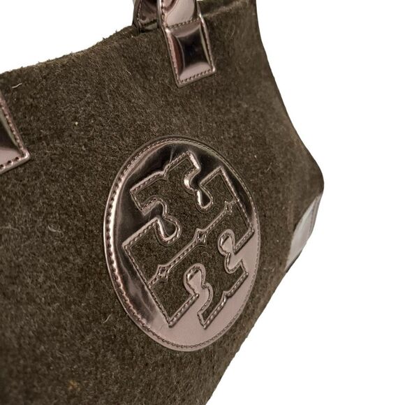 Tory Burch Ella Tote Bag Brown Felt Wool w Detail Metallic Patent Leather - Picture 3 of 10